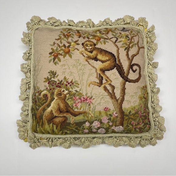 Handmade Needlepoint Monkeys Gold Velvet Back Tassel Fringe Zipper Pillow Cover - Picture 3 of 15